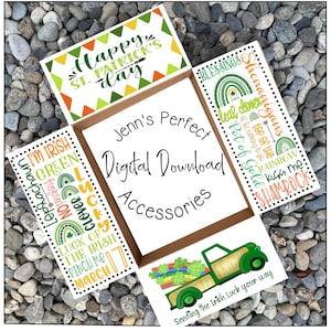 Könnte beinhalten: Eine digitale Download-Box zum Thema St. Patrick's Day mit verschiedenen Designs. Die Box enthält Texte wie "Happy St. Patrick's Day", "I'm Irish" und "Luck of the Irish". Eine grüne LKW-Illustration trägt einen Regenbogen und Kleeblätter. Die Box befindet sich auf einem Bett aus grauen Steinen.