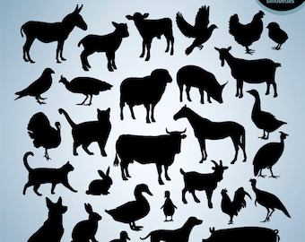 May include: A set of 30 black silhouette images of farm animals, including a donkey, cow, sheep, goat, pig, chicken, duck, goose, turkey, cat, dog, rabbit, and a horse. The silhouettes are on a light blue background.