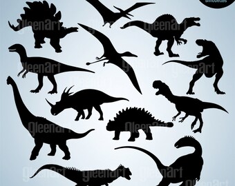 May include: A set of 12 black dinosaur silhouettes, including a stegosaurus, a pterodactyl, a triceratops, and a brachiosaurus. The silhouettes are on a light blue background.  Dinosaurs eps, png, svg, jpg high quality files. 12 silhouettes.