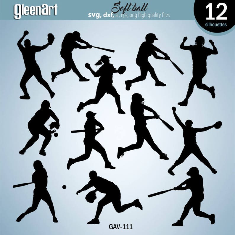 May include: Twelve black silhouette images of softball players in various poses, including batting, pitching, catching, and running. The text "Soft ball" and "12 silhouettes" are at the top of the image. The text "GAV-111" is at the bottom of the image.