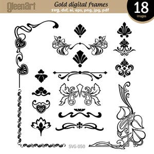 May include: A set of 18 black and white digital frames with ornate floral and geometric designs. The frames are perfect for adding a touch of elegance to your digital projects. SVG-050