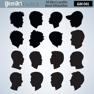 50% Off Sale - 16 Men&#39;s head silhouette / Men&#39;s head profiles / Clipart / Vector graphic / Black and white / INSTANT DOWNLOAD