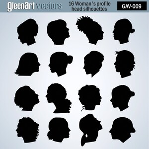 50% Off Sale - 16 Women profile silhouettes / Female head profiles / clipart / Vector graphic / Black and white / INSTANT DOWNLOAD