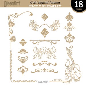 May include: A set of 18 gold digital frames in an art nouveau style. The frames are in various shapes and sizes, including borders, corners, and dividers. The frames are ideal for adding a touch of elegance to your digital designs.