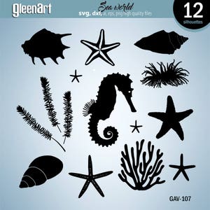 May include: A set of 12 black silhouette images of sea life, including a seahorse, starfish, seashells, seaweed, and coral. The images are perfect for crafting projects, scrapbooking, or digital design.