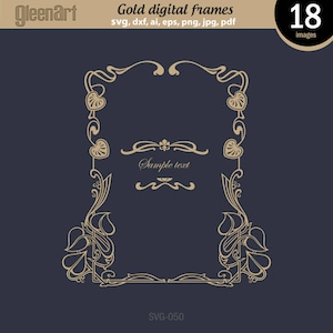 May include: A gold digital frame with a decorative floral design. The frame has a place for text in the centre. The text "Sample text" is included in the frame. The frame is labelled "SVG-050".