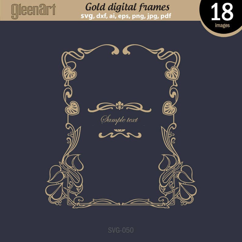 May include: A gold digital frame with a decorative floral design. The frame has a place for text in the centre. The text "Sample text" is included in the frame. The frame is labelled "SVG-050".
