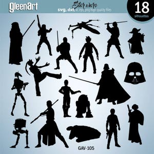 May include: A set of 18 black silhouette images of Star Wars characters, including Darth Vader, Yoda, and a TIE fighter. The text "Star Wars" and "18 silhouettes" are also included in the image.