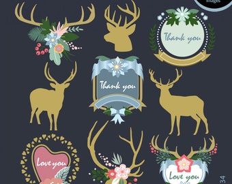 Floral antlers and deers clipart, Deer Antlers with flowers, Wedding flowers elements, Love you, Thank you INSTANT DOWNLOAD GAV-156