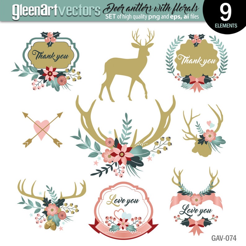 May include: A set of nine digital illustrations featuring deer antlers with floral accents. The illustrations include a deer silhouette, a heart with arrows, and various floral arrangements with the text "Thank you" and "Love you".