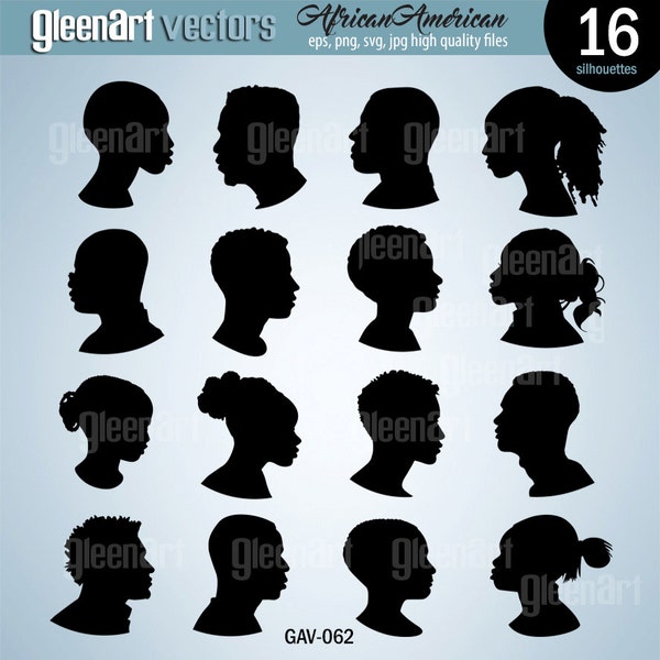 Sale - Afro-Amerikaanse profielsilhouetten, Amerikaanse en Afrikaanse profielcliparts, vectorafbeelding - INSTANT DOWNLOAD