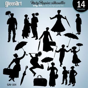 Mary Poppins clipart, Mary poppins umbrella, Digital clipart, Vector silhouettes, Png, Svg, Dxf, Ai, Eps, set of cliparts,  INSTANT DOWLOAD