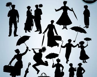 Mary Poppins clipart, Mary poppins umbrella, Digital clipart, Vector silhouettes, Png, Svg, Dxf, Ai, Eps, set of cliparts,  INSTANT DOWLOAD