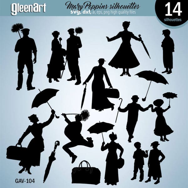 Mary Poppins clipart, Mary poppins paraplu, Digitale clipart, Vector silhouetten, Png, Svg, Dxf, Ai, Eps, set cliparts, INSTANT DOWNLOAD