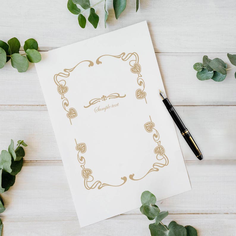 May include: A white sheet of paper with a decorative border of brown leaves and swirls. The text "Sample Text" is printed in the centre of the paper. A black fountain pen is lying on the paper.