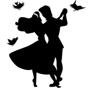 May include: A black silhouette depicts a dancing couple, the woman in a flowing dress, the man in formal wear. Three birds are in flight around them. The background is plain white.