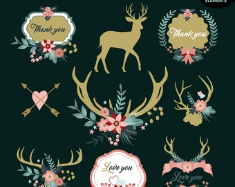 Deer antlers with flowers, Deer and Floral clipart, Wedding floral clipart, Thank you clipart, Deer png, Love you clipart /INSTANT DOWNLOAD