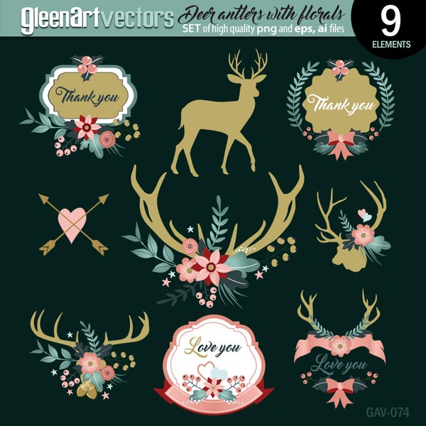 Deer antlers with flowers, Deer and Floral clipart, Wedding floral clipart, Thank you clipart, Deer png, Love you clipart /INSTANT DOWNLOAD