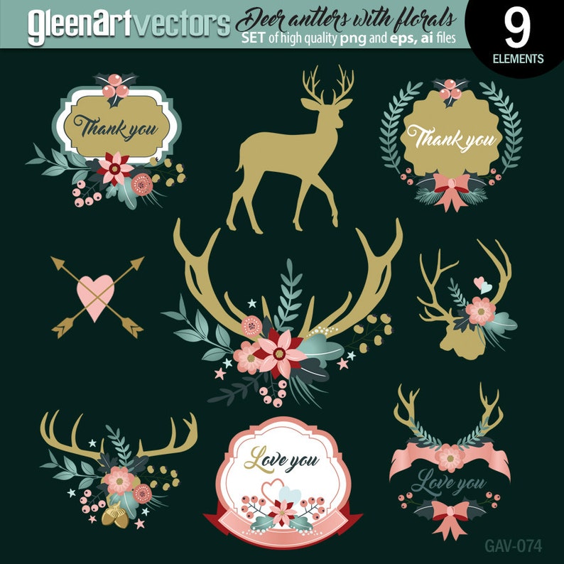May include: A set of nine digital illustrations featuring deer antlers with floral arrangements. The illustrations include a deer silhouette, a wreath with the text "Thank you", a heart with arrows, and various floral arrangements with the text "Love you" and "Thank you".