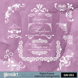 May include: A set of white decorative frames with ornate designs on a purple watercolor background. The frames are perfect for adding a touch of elegance to any project. The text "Sample text" appears in each frame.