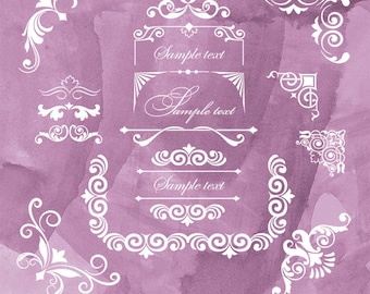 16 White Swirl Digital Frames Floral Frame Clipart Set of Flourish Swirl Corners Invitation Scrapbook INSTANT DOWNLOAD