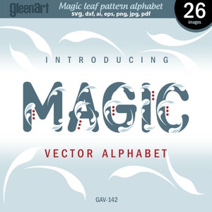 May include: A vector alphabet design with the word "MAGIC" in blue with white and red leaf patterns. The text "Introducing" and "Vector Alphabet" are also included in the image.