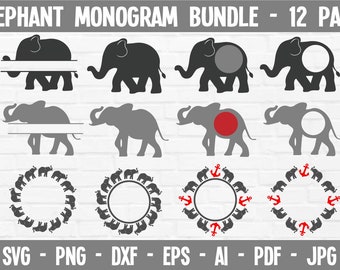 Elephant Svg Bundle, Elephant Silhouette, Cut File Cricut, Silhouette, Elephant Monogram Frame, Cute Elephant Svg