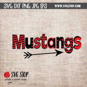 May include: Red and black patterned text that reads "Mustangs" with a black arrow pointing to the right. The text has a variety of patterns including stripes, polka dots, and geometric designs.