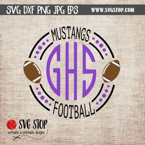 May include: Purple and black monogram design with the letters GHS inside a circle. The circle is surrounded by a black and white ring with the words "Mustangs" and "Football" on either side. Two brown footballs are on either side of the circle.