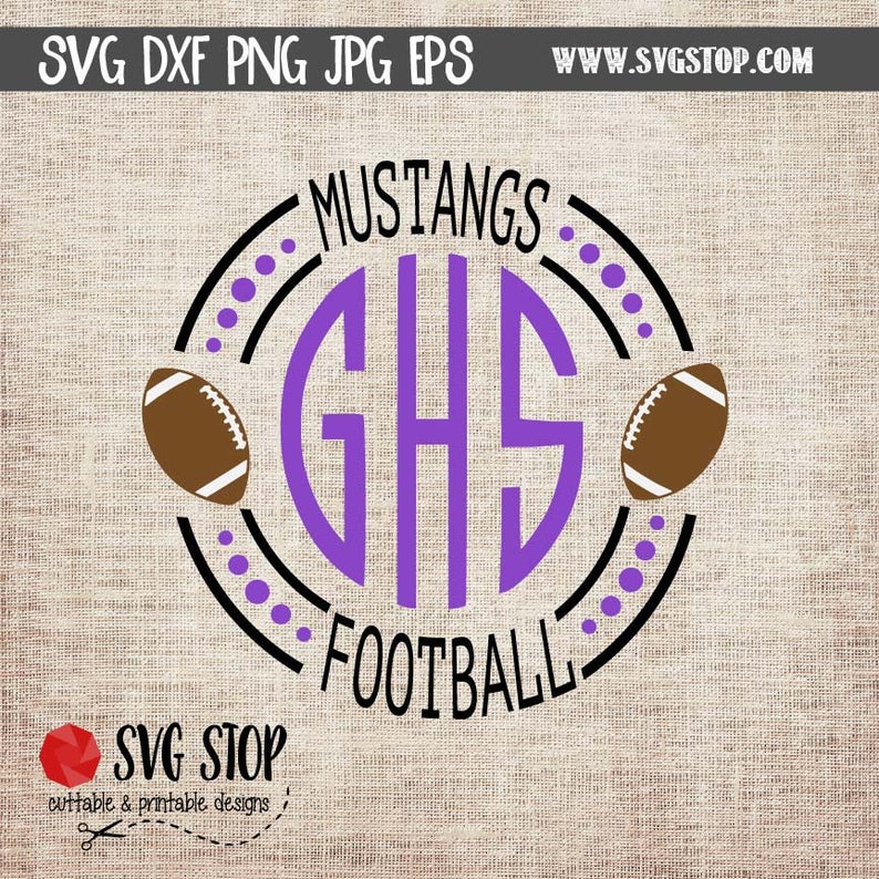 May include: Purple and black monogram design with the letters GHS inside a circle. The circle is surrounded by a black and white ring with the words "Mustangs" and "Football" on either side. Two brown footballs are on either side of the circle.