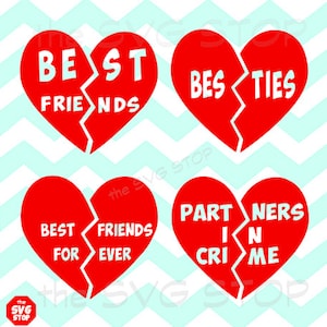 Może przedstawiać: Cztery czerwone wzory w kształcie serca z połamanymi krawędziami, każdy z innym tekstem o przyjaźni w białym kolorze. Teksty to "Najlepsi Przyjaciele", "Najlepsze Przyjaciółki", "Najlepsi Przyjaciele Na Zawsze" i "Partnerzy W Przestępstwie".