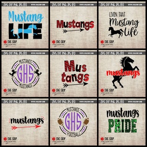 May include: Nine different SVG designs featuring the word "mustangs" in various styles. Some designs include a horse, an arrow, and the letters "GHS".
