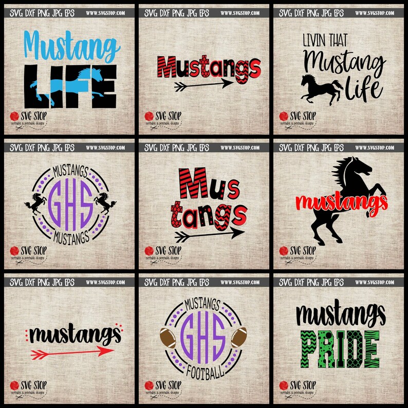 May include: Nine different SVG designs featuring the word "mustangs" in various styles. Some designs include a horse, an arrow, and the letters "GHS".