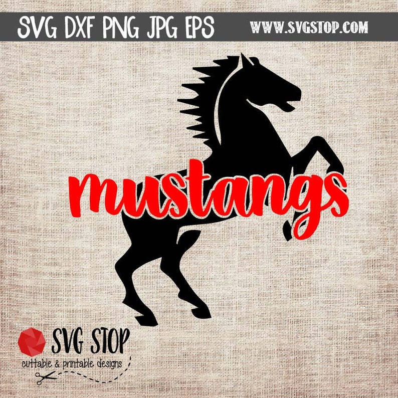 May include: Black silhouette of a rearing horse with the word "mustangs" in red cursive text.