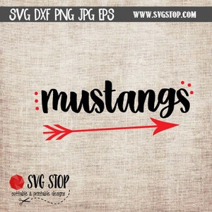 May include: Black and white text that reads "mustangs" with a red arrow pointing to the right. The background is a brown burlap texture.