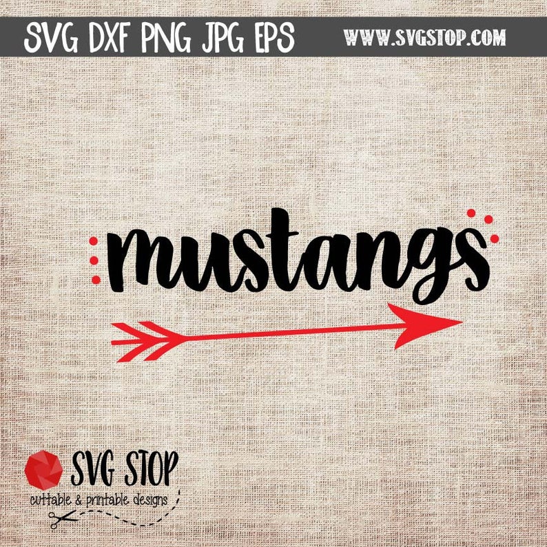 May include: Black and white text that reads "mustangs" with a red arrow pointing to the right. The background is a brown burlap texture.