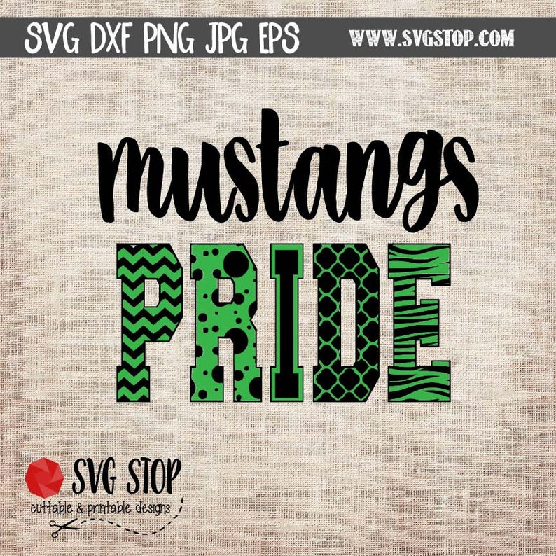 May include: Green and black patterned letters spelling "Mustangs Pride". The letters are in a bold, blocky font. The background is a brown burlap texture.