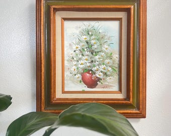 Mid Century Floral Oil Painting White Daisies Red Vase Framed