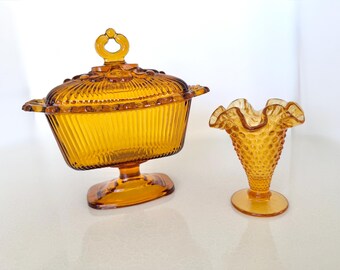 Vintage Amber Pressed Glass Pair, Covered Compote & Hobnail Ruffled Pedestal Dish, Mid Century Decor