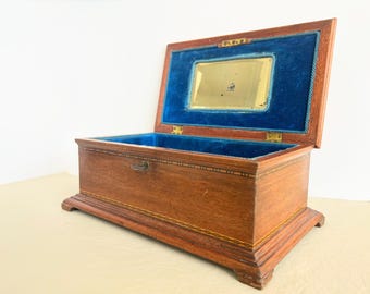 Antique Victorian Jewelry Box: Marquetry Inlay, Blue Velvet, Original Yale Key