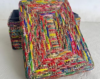 Vintage Indian Glass Bangle Mosaic Box – Handcrafted Jewelry Chest, Desk Ornament