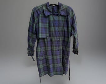 Talbots Women's Plaid Purple/Green Double Breasted Belted Trench Coat Sz L