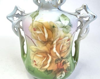Royal Bayreuth Vase Antique Porcelain Yellow Rose Hand Painted Art Nouveau Gold Gilt