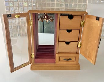 Vintage Wood Jewelry Armoire Cabinet Mirror Drawers Necklace Hooks Burgundy Velvet Organizer