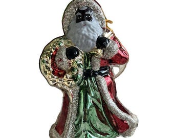 Glassware Art Studio Poland Black Santa Ornament, Hand Blown Painted Glass Christmas Decor