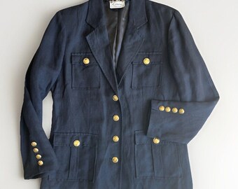 Vintage 1990s Linea by Louis DellOlio Safari Blazer Linen Lyocell Utility Jacket Gold Buttons
