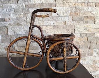 Vintage Wicker Rattan Tricycle Planter Basket – Rustic Boho Botanical Decor