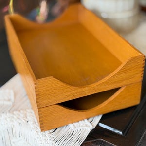 Vintage Oak Desk Organizer Trays, Stackable Wood Paper Sorters, Mid Century Modern Office Decor