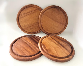 Set of 4 Vintage Acacia Wood Plates, 10 Inch Salad Plates, Mid Century Modern
