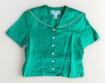 Vintage Jessica Howard Green Linen Blend Sailor Blouse Size 10 Nautical Top